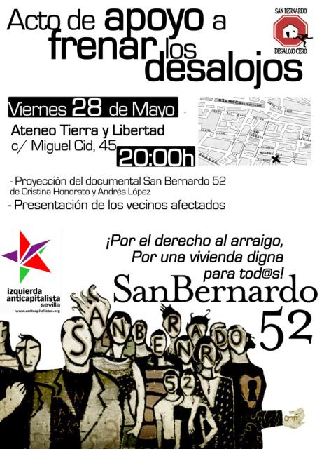 Acto de apoyo a frenear los desalojos en San Bernardo 52 [Sevilla] (Cartel Acto apoyo San Bernardo 52 IA 28 Mayo 2010.jpg)