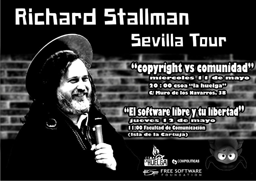 Cartel Richard Stallman en Sevilla el 11 y 12 de mayo